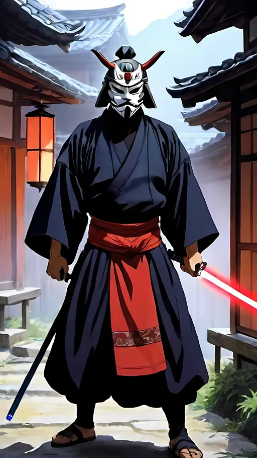 Prompt: 1990s anime screencap, anime scene, male samurai Jedi in traditional samurai clothing wielding a red lightsaber wearing a Oni mask in a village 