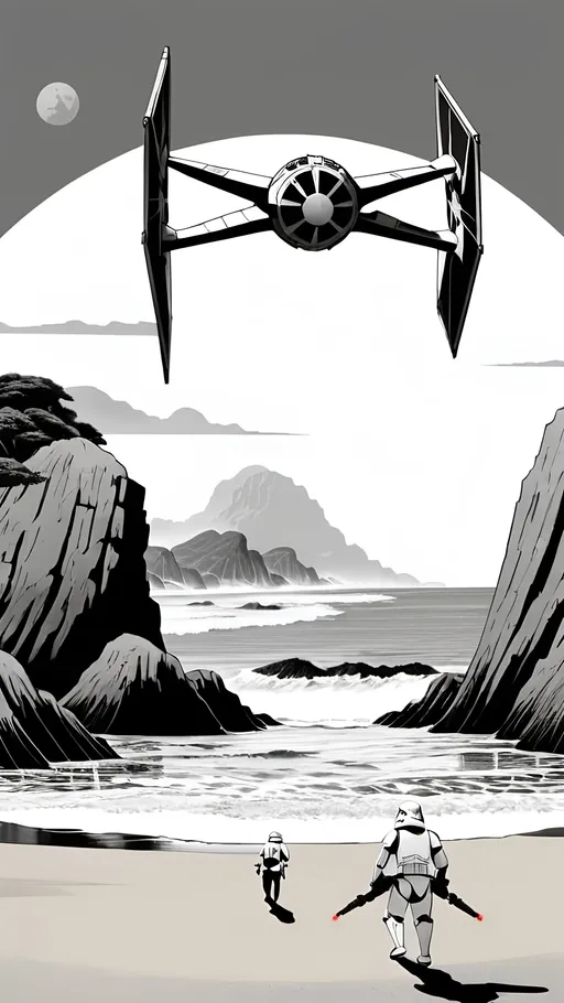 Prompt: Ukiyo-e japanese art of star wars tie-fighters flying over a beach shooting at the clone army, black and white