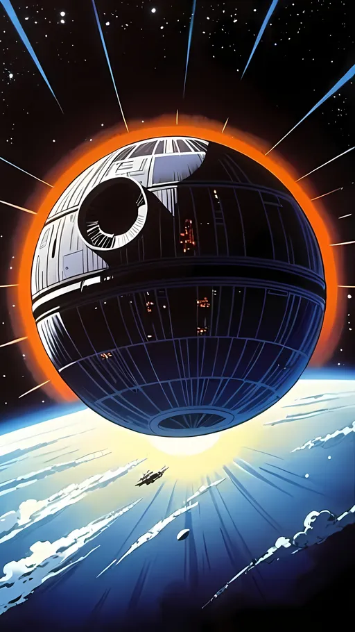 Prompt: 1990s anime screencap, anime scene, death Star floating in space with a sun in the background 