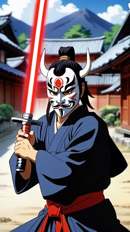 Prompt: 1990s anime screencap, anime scene, male samurai Jedi in traditional samurai clothing wielding a red lightsaber wearing a Oni mask in a village 