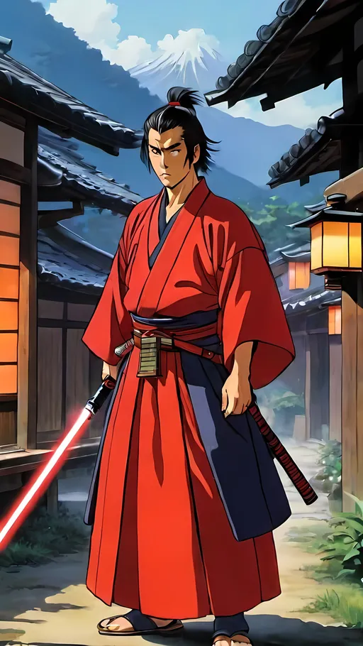 Prompt: 1990s anime screencap, anime scene, male samurai Jedi in traditional samurai clothing wielding a red lightsaber in a village 