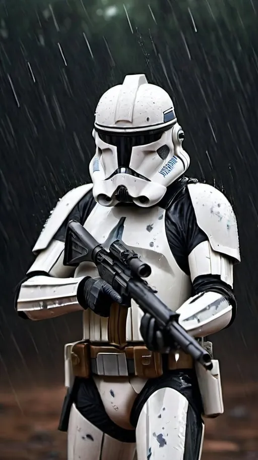 Prompt: Realistic portrait of a wounded clone trooper hold a gun, intense rain