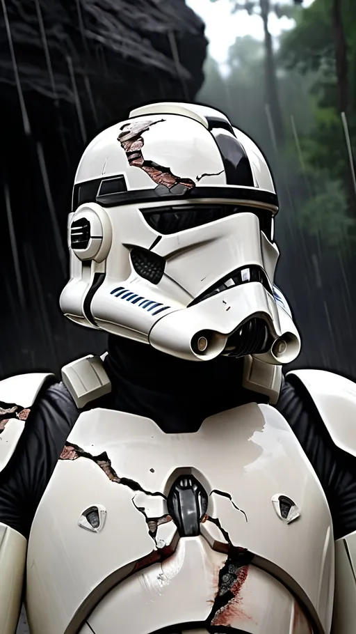 Prompt: Realistic clone trooper with a cracked mask laying down on his back in the middle of a war with a wound on his chest, rain