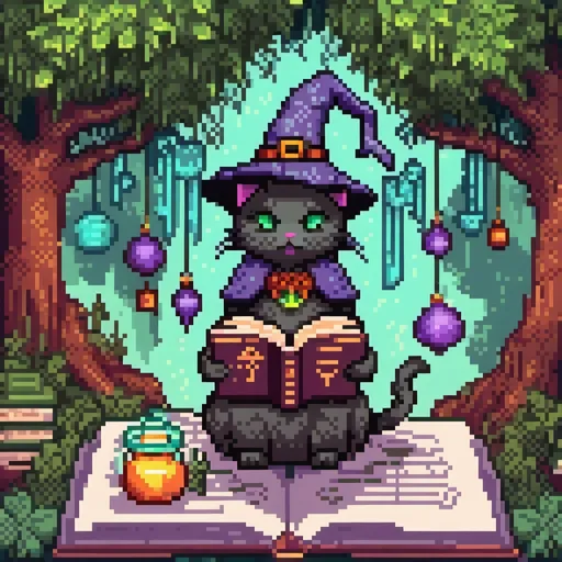 Prompt: (bipedal witch cat), adorned in intricate (witch clothing), surrounded by enchanting (floating magic symbols), with an ethereal (floating book) emitting wisps of (magical energy), set against a mystical (forest background), featuring (glowing herbs) and (twinkling lights), captured in a (highly detailed, vibrant) style, creating a whimsical and imaginative atmosphere.