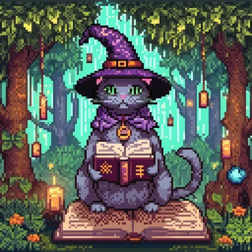 Prompt: (bipedal witch cat), adorned in intricate (witch clothing), surrounded by enchanting (floating magic symbols), with an ethereal (floating book) emitting wisps of (magical energy), set against a mystical (forest background), featuring (glowing herbs) and (twinkling lights), captured in a (highly detailed, vibrant) style, creating a whimsical and imaginative atmosphere.