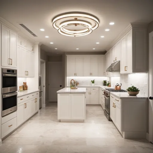 Prompt: Circle plan,white kitchen,creative lighting,mid century style,classic floor stone