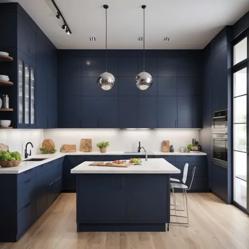 Prompt: 
“Design a realistic, detailed kitchen with a circular layout. The kitchen should have a light to medium navy blue color scheme. The upper cabinets are suspended 55 cm from the ceiling and stop 90 cm from the floor. Along the length of the wall, continue the cabinets with glass shelves for storing vegetables, extending down to 10 cm above the floor. The doors of the upper cabinets should feature a creative design, both in quantity and style. The ceiling of the kitchen is round, with modern lighting fixtures. Include a stainless steel refrigerator and stove, as well as a built-in stainless steel coffee maker and oven. There are high stools in front of the island, which should be designed with a lot of creativity and detail. The kitchen floor is light gray microcement. The entrance to the kitchen is optional. The entire kitchen should be highly realistic with intricate details.”
