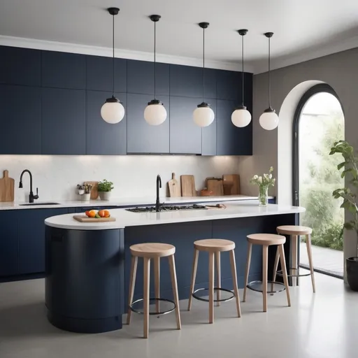 Prompt: 
“Design a realistic, detailed kitchen with a circular layout. The kitchen should have a light to medium navy blue color scheme. The upper cabinets are suspended 55 cm from the ceiling and stop 90 cm from the floor. Along the length of the wall, continue the cabinets with glass shelves for storing vegetables, extending down to 10 cm above the floor. The doors of the upper cabinets should feature a creative design, both in quantity and style. The ceiling of the kitchen is round, with modern lighting fixtures. Include a stainless steel refrigerator and stove, as well as a built-in stainless steel coffee maker and oven. There are high stools in front of the island, which should be designed with a lot of creativity and detail. The kitchen floor is light gray microcement. The entrance to the kitchen is optional. The entire kitchen should be highly realistic with intricate details.”
