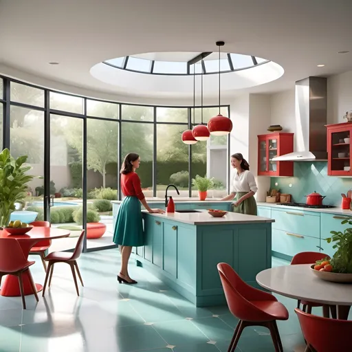 Prompt: Circle plan,white kitchen,creative lighting,mid century style,classic floor stone,circle floor plan,high realistic,two women talke together next to island,red and light blue island,green pot on the island,the kitchen open toward a garden