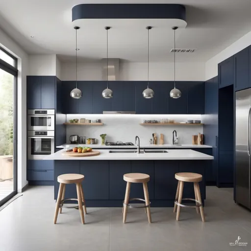 Prompt: 
“Design a realistic, detailed kitchen with a circular layout. The kitchen should have a light to medium navy blue color scheme. The upper cabinets are suspended 55 cm from the ceiling and stop 90 cm from the floor. Along the length of the wall, continue the cabinets with glass shelves for storing vegetables, extending down to 10 cm above the floor. The doors of the upper cabinets should feature a creative design, both in quantity and style. The ceiling of the kitchen is round, with modern lighting fixtures. Include a stainless steel refrigerator and stove, as well as a built-in stainless steel coffee maker and oven. There are high stools in front of the island, which should be designed with a lot of creativity and detail. The kitchen floor is light gray microcement. The entrance to the kitchen is optional. The entire kitchen should be highly realistic with intricate details.”
