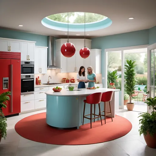 Prompt: Circle plan,white kitchen,creative lighting,mid century style,classic floor stone,circle floor plan,high realistic,two women talke together next to island,red and light blue island,green pot on the island,the kitchen open toward a garden