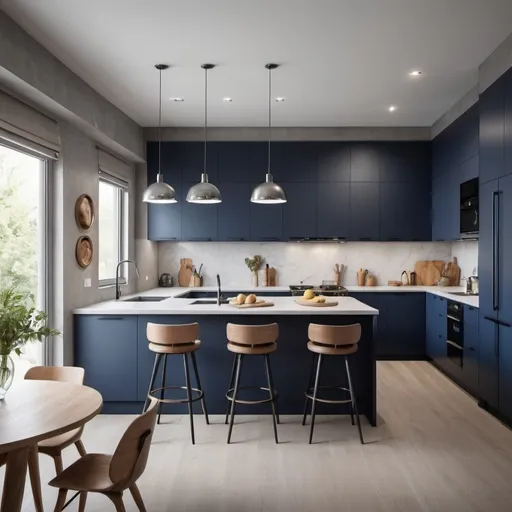 Prompt: 
“Design a realistic, detailed kitchen with a circular layout. The kitchen should have a light to medium navy blue color scheme. The upper cabinets are suspended 55 cm from the ceiling and stop 90 cm from the floor. Along the length of the wall, continue the cabinets with glass shelves for storing vegetables, extending down to 10 cm above the floor. The doors of the upper cabinets should feature a creative design, both in quantity and style. The ceiling of the kitchen is round, with modern lighting fixtures. Include a stainless steel refrigerator and stove, as well as a built-in stainless steel coffee maker and oven. There are high stools in front of the island, which should be designed with a lot of creativity and detail. The kitchen floor is light gray microcement. The entrance to the kitchen is optional. The entire kitchen should be highly realistic with intricate details.”
