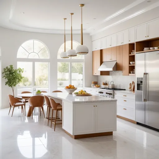 Prompt: Circle plan,white kitchen,creative lighting,mid century style,classic floor stone