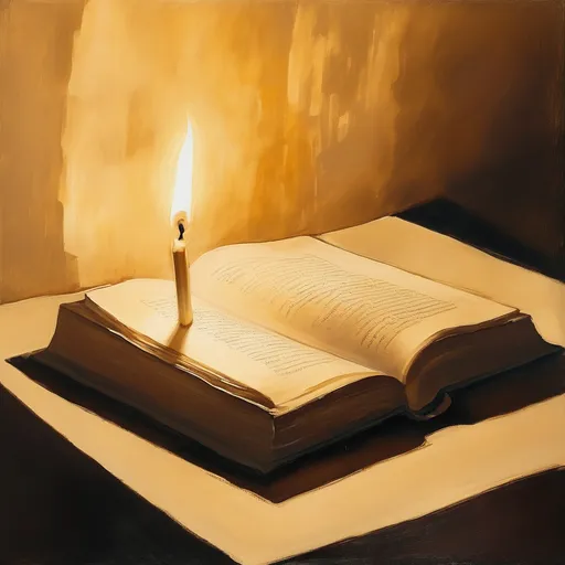 Prompt: • A dimly lit study, a single candle flickers beside an open book, shadows stretching across the wall — painted in soft golden strokes.