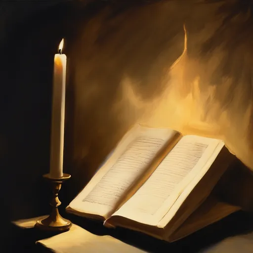 Prompt: • A dimly lit study, a single candle flickers beside an open book, shadows stretching across the wall — painted in soft golden strokes.