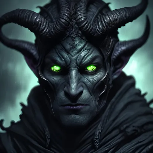 Prompt: a portrait of a male tiefling, with dark grey skin, with two horns, wearing a black hooded cloak, glowing effect, dark ambient, d&d fantasy, ambient light, highly detailed, ultra realistic, black and green scheme, art by Mortal Kombat