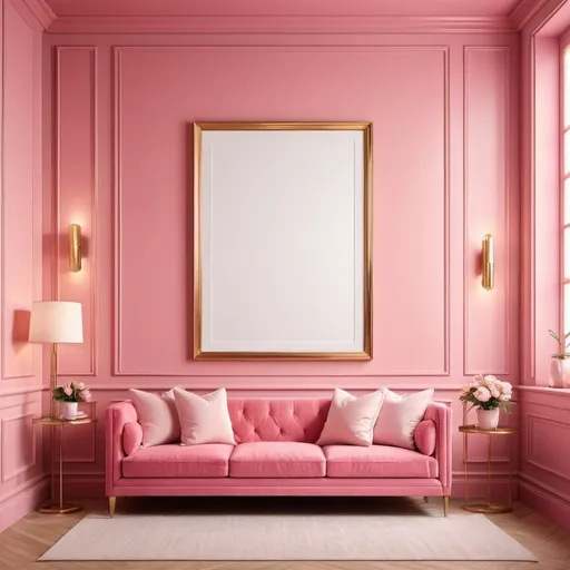 Prompt: Elegant Preppy Interior frame mockup in a stylish and feminine setting. featuring a chic gold frame against a vibrant pink wall, that add a touch of sophistication and charm. Bright linear lighting across the room from a window not pictured.
