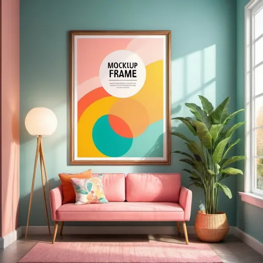 Prompt: (vibrant mockup large vertical poster frame), side shot, (gorgeous modern colorful entryway), retro meets modern design, (bright pastel colors), sunlight shining beautifully across the room, (reflecting light on the frame), warm ambiance, detailed textures, stylish decor elements, inviting atmosphere, well-lit interior, ultra-detailed, HD.