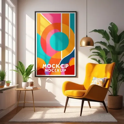 Prompt: (vibrant mockup large vertical poster frame), side shot, (gorgeous modern colorful living room, retro art deco design, (bright vibrant colors), sunlight shining beautifully across the room, (reflecting light on the frame), warm ambiance, detailed textures, stylish decor elements, inviting atmosphere, well-lit interior, ultra-detailed, HD.