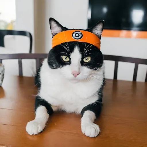 Prompt: Cat sitting on a table with a Naruto headband.