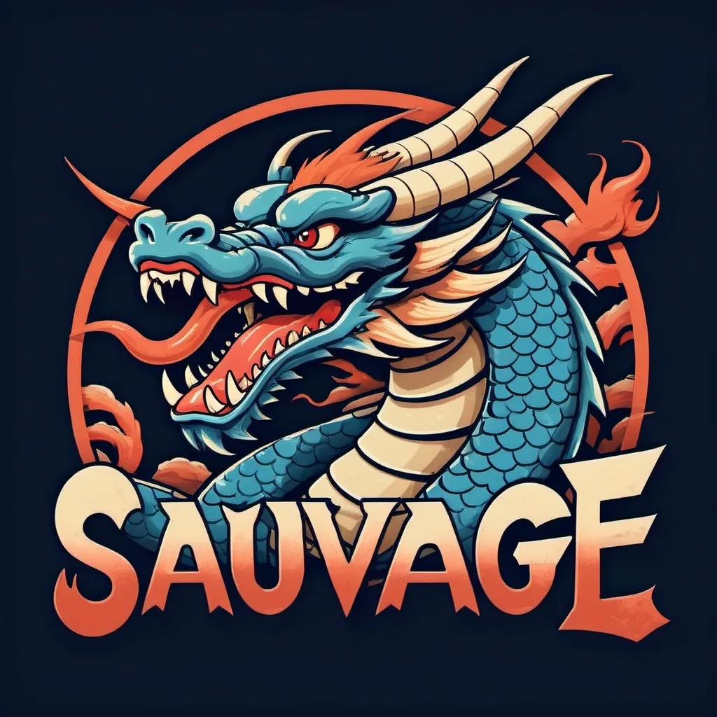 Prompt: Japanese dragon in the style of cuphead the videogame,cool,minimalistic logo, text "SAUVAGE",vector design,comic style





