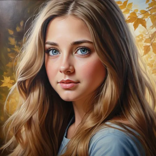 Prompt: Beautiful 17-year-old American girl, realistic portrait, oil painting, long flowing hair, bright and expressive eyes, warm and natural lighting, high quality, realistic, portrait, oil painting, youthful, bright eyes, warm lighting