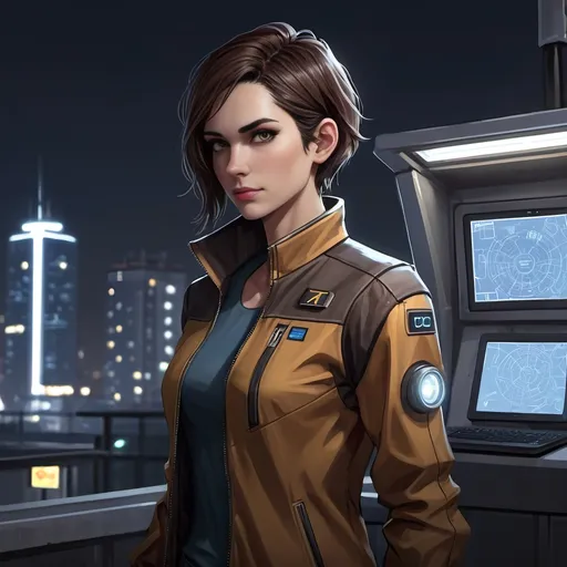 Prompt: artstation , trans, programmer, smug, androgynous, cool, dark brown hair, brown eyes, techicien,  industrial, practical clothing, transtar prey, robotic eyes, robotic ears, in a well lit city at night