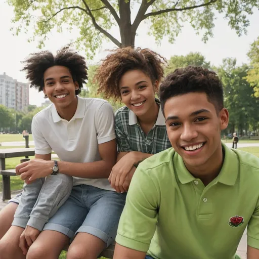 Prompt: Three young individuals pose together, exuding a sense of camaraderie against a bright, outdoor backdrop. They wear casual, stylish clothing—one in a white, plaid shirt, another in a gray polo with an emblem, and the third in a vibrant green shirt—each showcasing unique hairstyles that frame their cheerful expressions. The scene is set in a well-maintained area, visible benches, and trees suggesting a warm, sunny day, possibly in a park or recreational space. The angle emphasizes their friendly smiles, creating an inviting atmosphere that captures a moment of joy and friendship. The natural lighting brings out the vibrancy of their outfits and the calmness of their surroundings, enhancing the overall feel of the image as a snapshot of youthful exuberance.