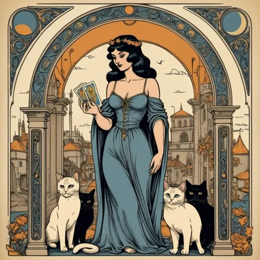 Prompt: i need a tarot card latyout inside there is lady holding a lot of cats..it should be in retro style mystical tarot style.. ineed the top arch to be fully complete nt cropped out