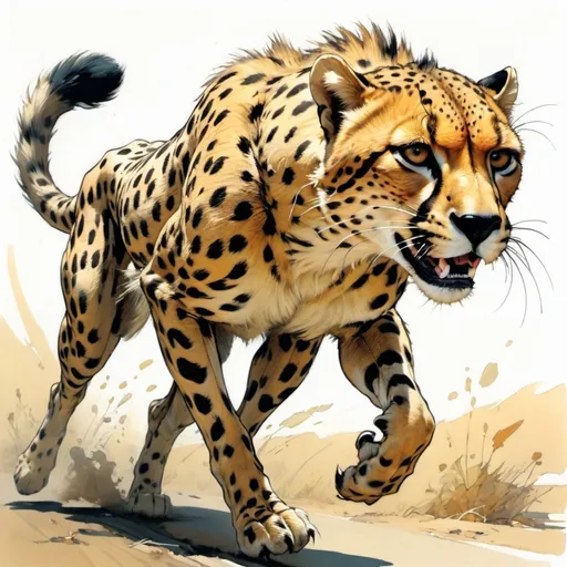 Prompt: cheetah running, Style by Harrison Fisher and Brian Froud and Jeremy Mann and Alexandre Cabanel and Ralph Steadman and Tomer Hanuka and frank frazetta