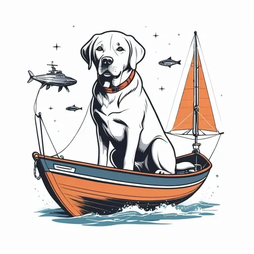 Prompt: Illustrated T-shirt design of fishing boat spaceship, Labrador dog, vector, solid white background, simple color palette