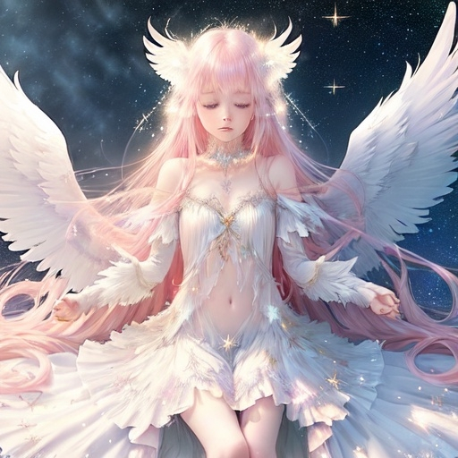 Prompt: (1girl), angel, (feathered wings), (long hair), pink hair, navel, (dress), feathers, (white wings), (starry sky), (ultra-detailed), ethereal atmosphere, dreamy ambiance, soft pastel colors, shimmering stars, flowing hair cascading down, delicate wings sparkling in the moonlight, enchanted night landscape, whimsical and serene mood.