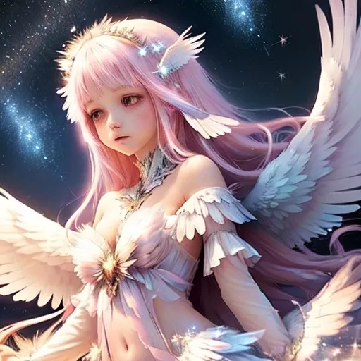 Prompt: (1girl), angel, (feathered wings), (long hair), pink hair, navel, (dress), feathers, (white wings), (starry sky), (ultra-detailed), ethereal atmosphere, dreamy ambiance, soft pastel colors, shimmering stars, flowing hair cascading down, delicate wings sparkling in the moonlight, enchanted night landscape, whimsical and serene mood.