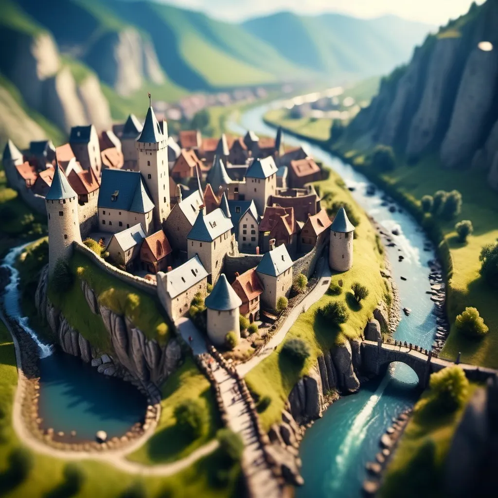 Prompt: aerial view, tilt-shift, isometric miniature world, small settlement, medieevil town, narrow streets, town surrounded by a wall, in the Mountains, bridge and river, castle, small valley, dramatic fantasy settlement scene, cinematic lighting