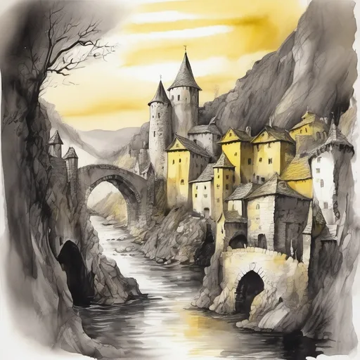 Prompt: small settlement, medieevil town, narrow streets, town surrounded by a wall, in the Mountains, bridge and river, castle, small valley, dramatic fantasy settlement scene, in shades of gray and yellow, ink and wash  on paper,