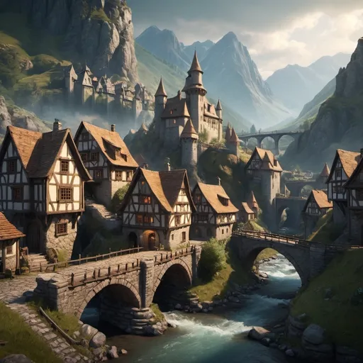 Prompt: small settlement, medieevil town, narrow streets, in the Mountains, bridge and river, castle, small valley, dramatic fantasy settlement scene, cinematic lighting