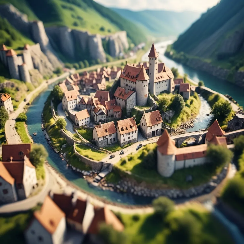 Prompt: aerial view, tilt-shift, isometric miniature world, small settlement, medieevil town, narrow streets, town surrounded by a wall, in the Mountains, bridge and river, castle, small valley, dramatic fantasy settlement scene, cinematic lighting