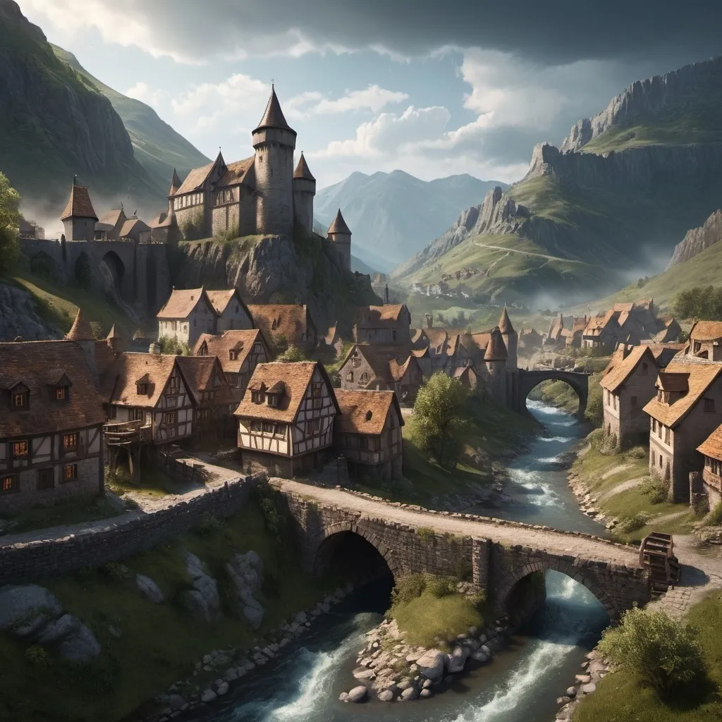 Prompt: small settlement, medieevil town, narrow streets, town surrounded by a wall, in the Mountains, bridge and river, castle, small valley, dramatic fantasy settlement scene, cinematic lighting