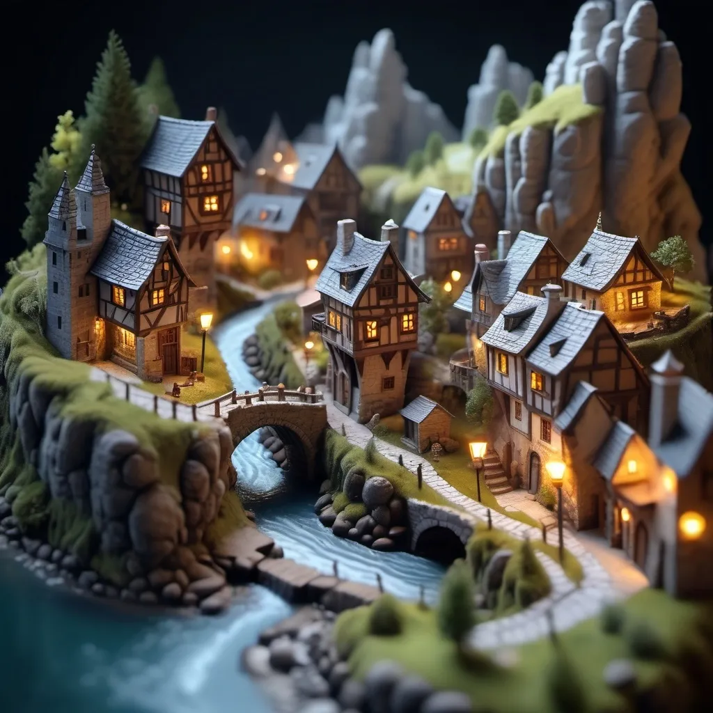 Prompt: miniature isometric world render, a small settlement, medieevil town, narrow streets, town surrounded by a wall, in the Mountains, bridge and river, castle, small valley, dramatic fantasy settlement scene, cinematic lighting, on a table