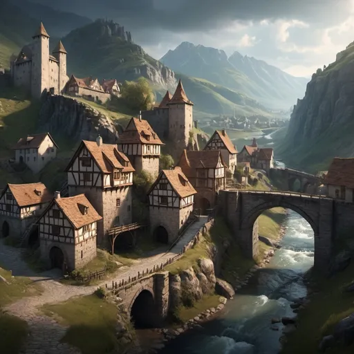 Prompt: small settlement, medieevil town, narrow streets, town surrounded by a wall, in the Mountains, bridge and river, castle, small valley, dramatic fantasy settlement scene, cinematic lighting