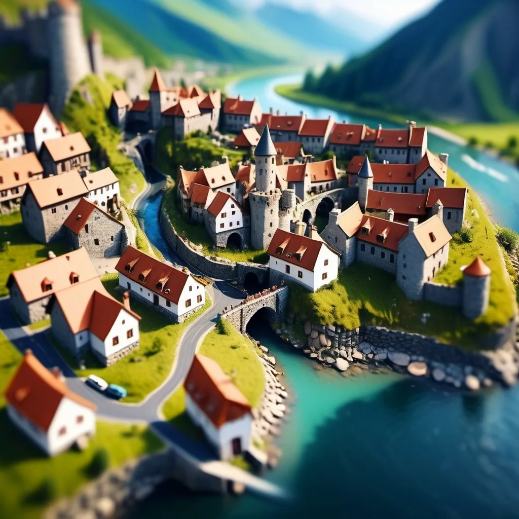 Prompt: aerial view, tilt-shift, isometric miniature world, small settlement, medieevil town, narrow streets, town surrounded by a wall, in the Mountains, bridge and river, castle, small valley, dramatic fantasy settlement scene, cinematic lighting