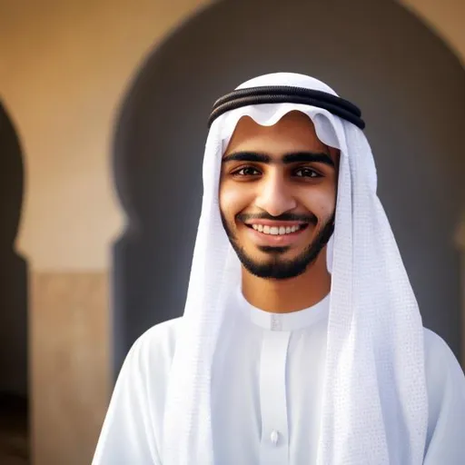 Prompt: A young Arab Muslim smile, dressed in a white, on his head is a turban, looking straight ahead