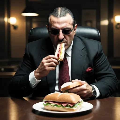 Prompt: Mafia boss eating a sandwich 