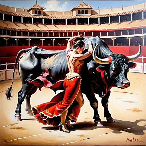 Prompt: Bull fighting oil painting 