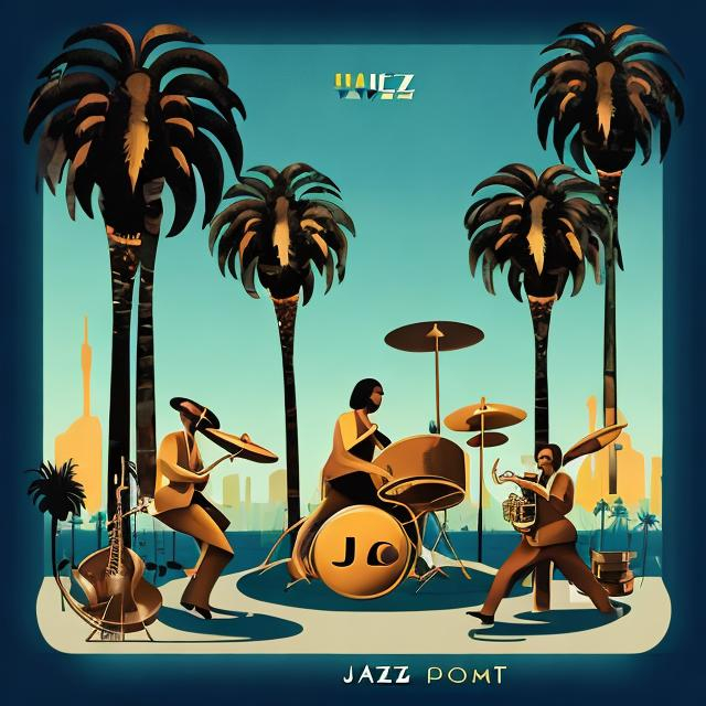 Prompt: jazz album cover with palm trees and instruments futurist style
