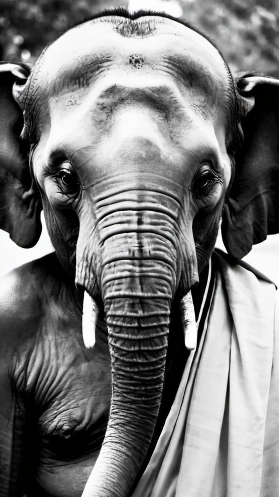 Prompt: Elephant priest. black and white 