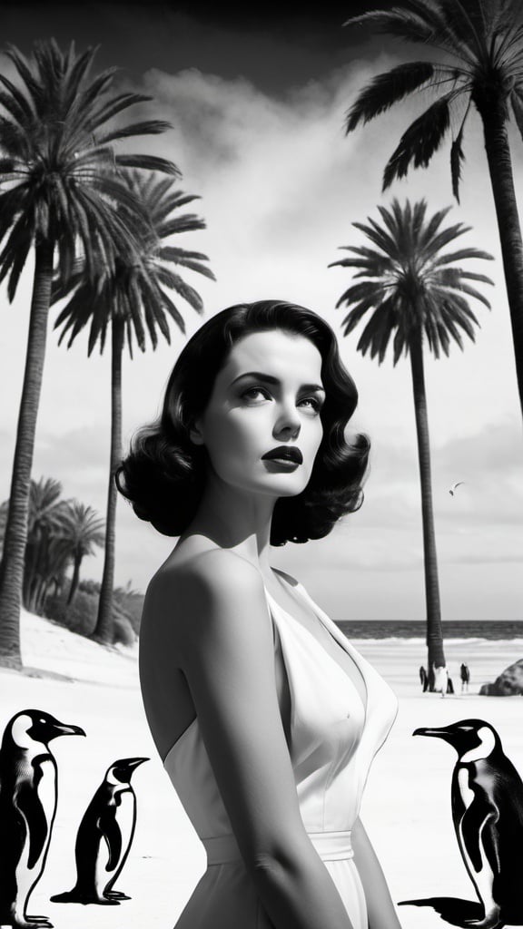 Prompt: Film noir movie poster with beautiful woman palm trees and penguins. Black and white 
