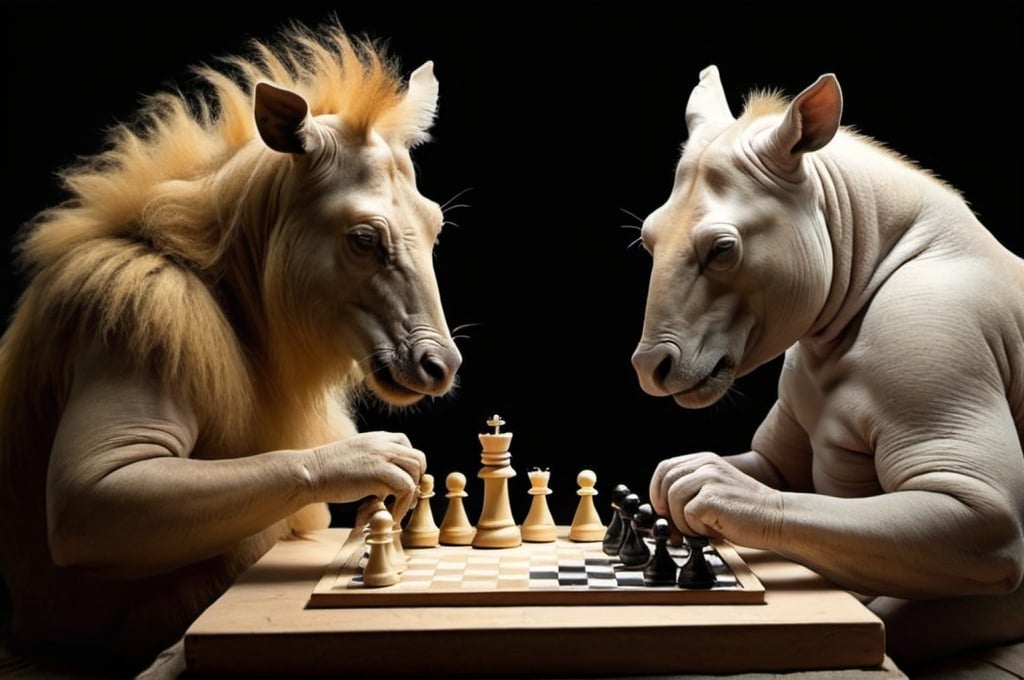 Prompt: Weird animals playing chess 