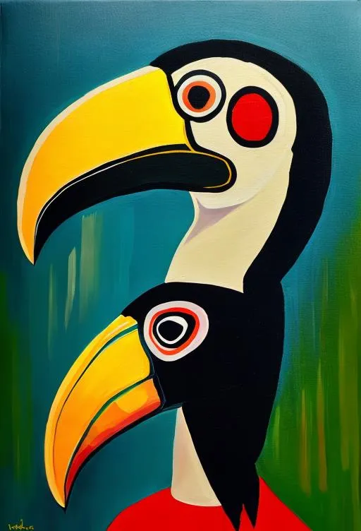 Prompt: Woman with head of a toucan. Oil painting. 
