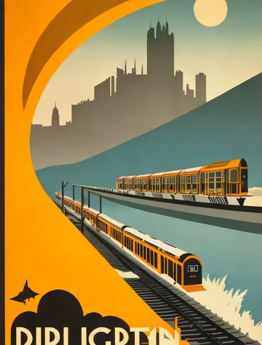 Prompt: Art deco travel poster with train

